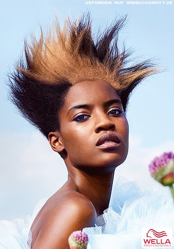 Hoch gestylter Kurzhaarschnitt mit ausgebürsteten Afro-Locken