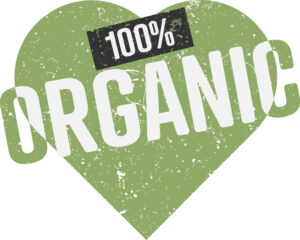 Biosiegel mit der der Aufschrift "100% organic" in Herzform.