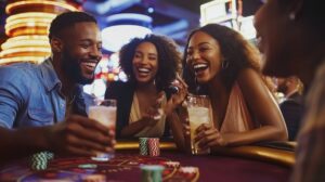 eine lachende gruppe von freunden mit getränken in der hand im casino