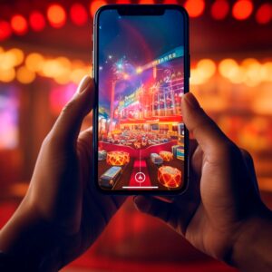smartphone mit geöffnetem online-casino vor einem traditionellen casino hintergrund