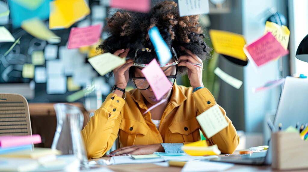 Gestresste Frau sitzt am Schreibtisch, während bunte Notizzettel herumfliegen, die das Chaos und den Druck der Aufgaben wiederspiegeln.
