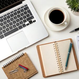 Blick auf Schreibtisch mit Laptop, Kaffeetasse und Bürozubehör.