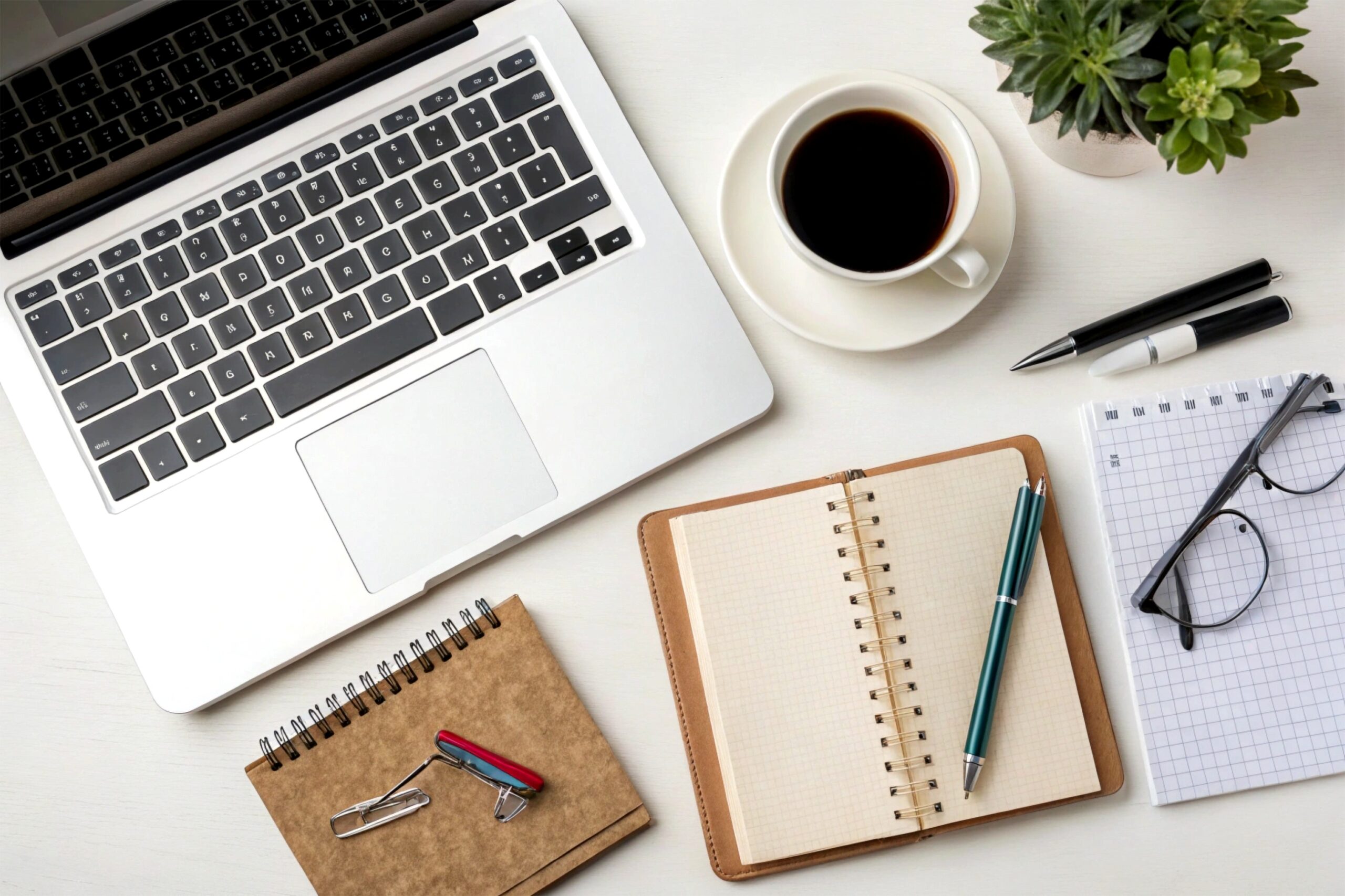 Blick auf Schreibtisch mit Laptop, Kaffeetasse und Bürozubehör.