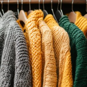 Blick in einen Kleiderschrank voller Strickpullover.