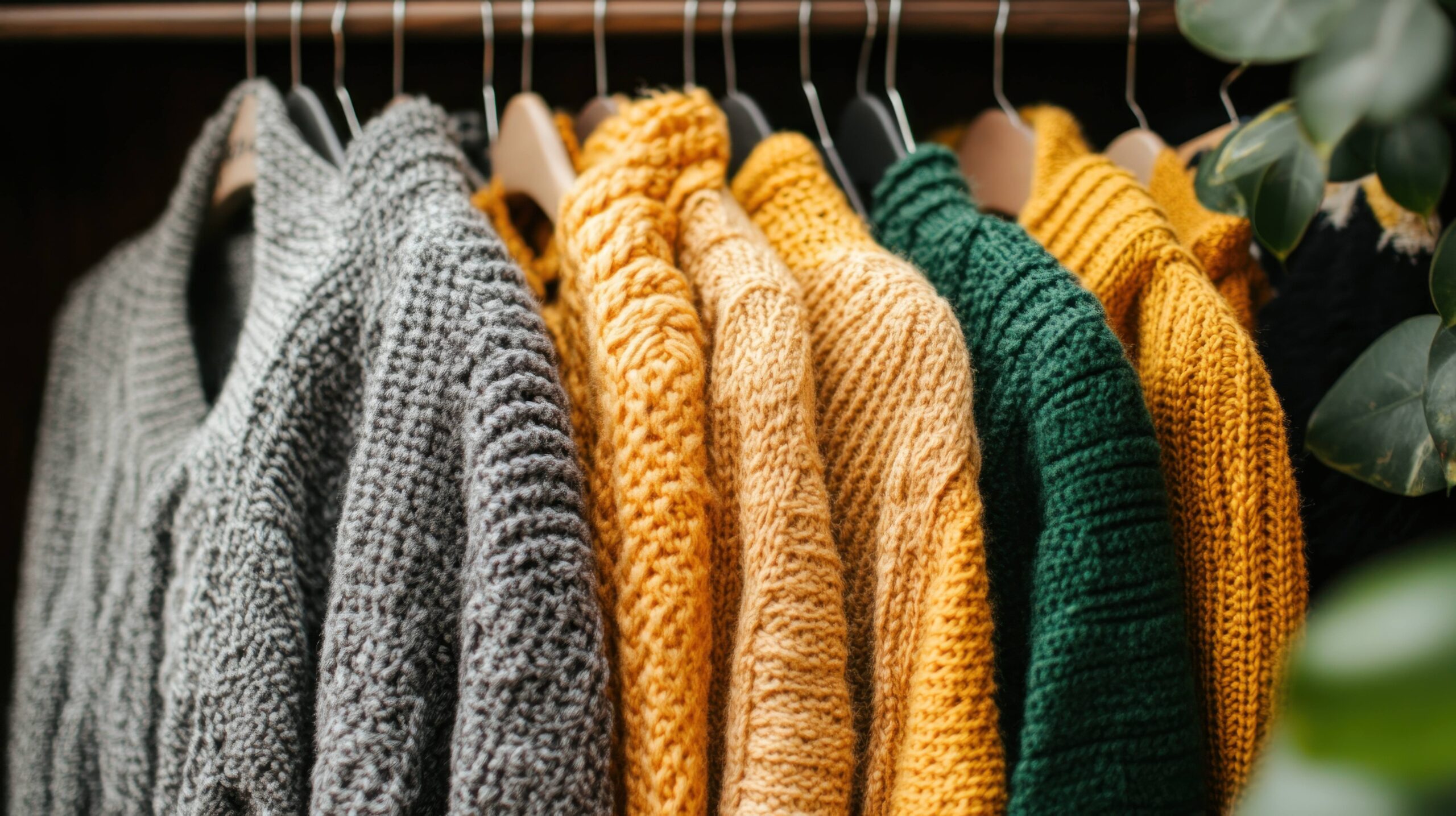 Blick in einen Kleiderschrank voller Strickpullover.