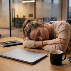 Ursachen für Müdigkeit: Wie Sie wieder mehr Energie in Ihr Leben bringen können Eine Frau sitzt an einem Schreibtisch und legt mit geschlossenen Augen den Kopf auf den Tisch