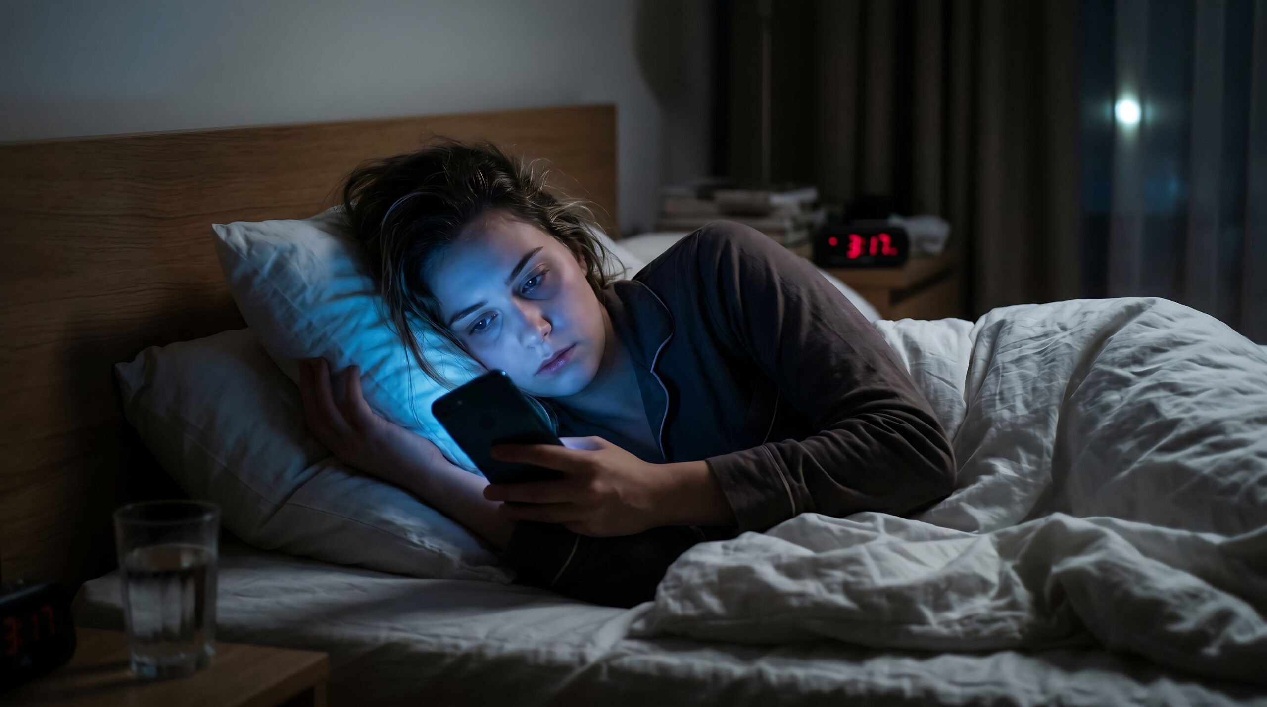 Eine Frau liegt erschöpft und mit einem Handy in der Hand im Bett.