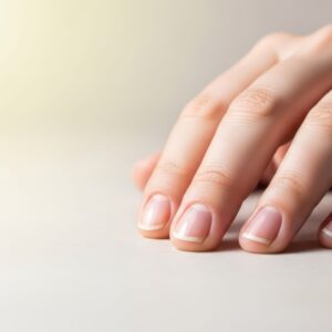 Richtige Nagelpflege im Sommer – so bleiben Nägel gesund und schön Eine Hand mit natürlichen, gepflegten Fingernägeln liegt auf einem neutralen Untergrund.