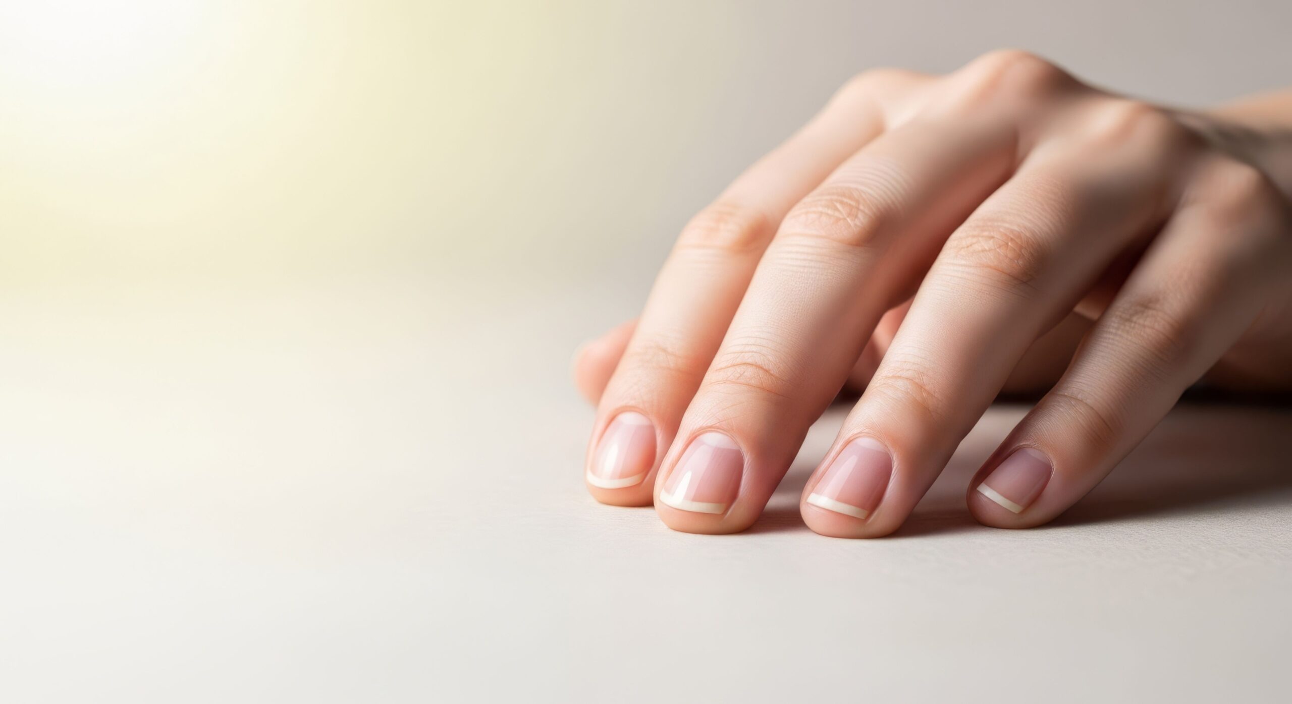 Eine Hand mit natürlichen, gepflegten Fingernägeln liegt auf einem neutralen Untergrund.